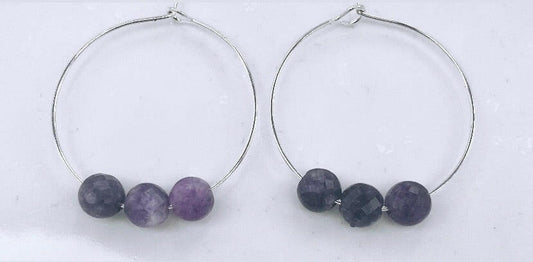 Amethyst 3-Stone Silver Hoops.