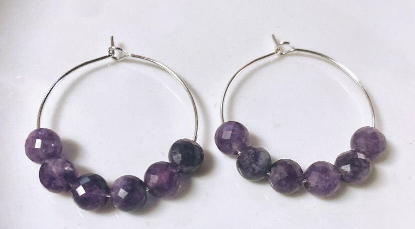 Amethyst 6-Stone Silver Hoops.