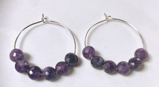 Amethyst 6-Stone Silver Hoops.
