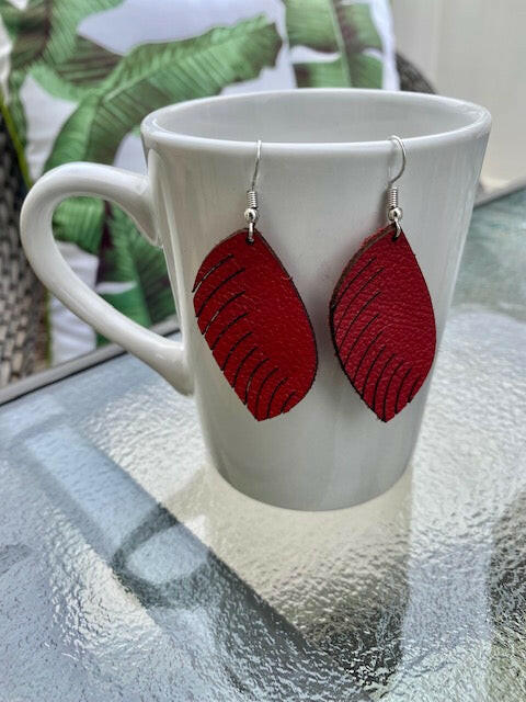 Red Leather Fringe Leaf Earrings.