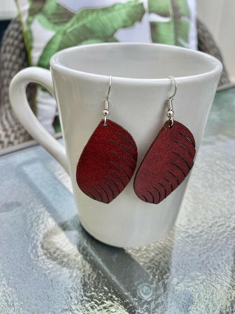Red Leather Fringe Leaf Earrings.
