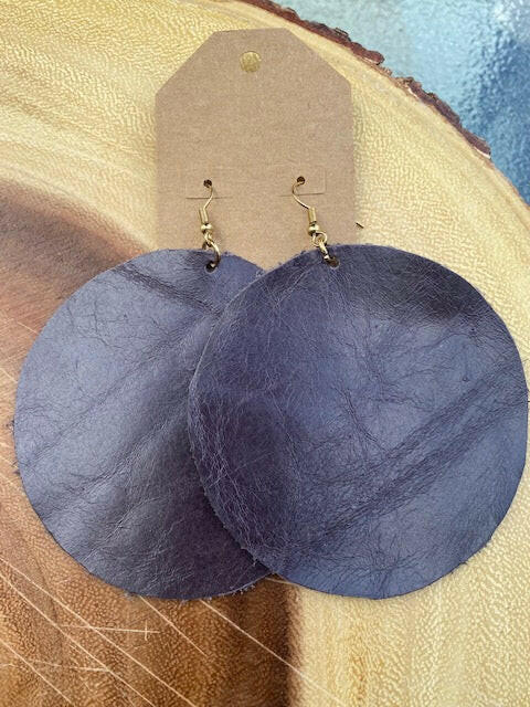 Dark Plum Leather Round Earrings - Gold Accent.