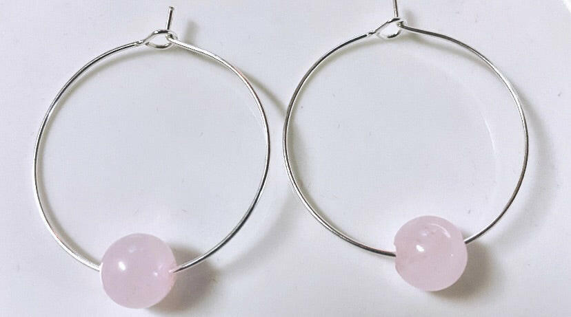 Rose Quartz 1-Stone Silver Hoops.