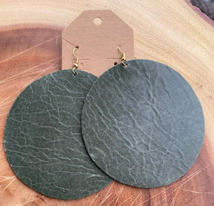 Round Green Leather Dangle Earrings.