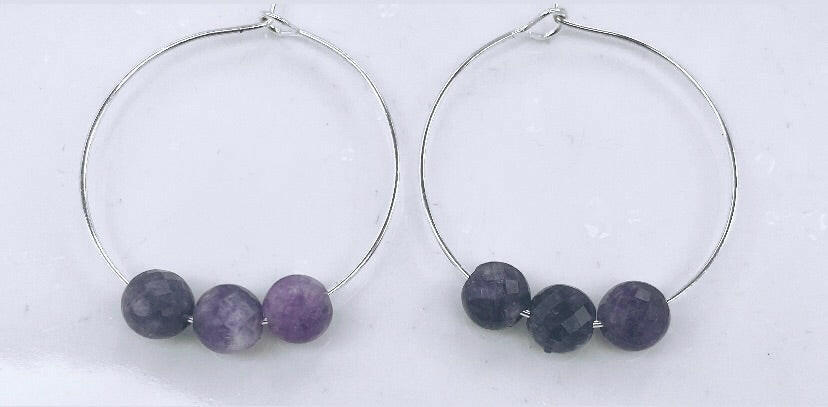 Amethyst 3-Stone Silver Hoops.