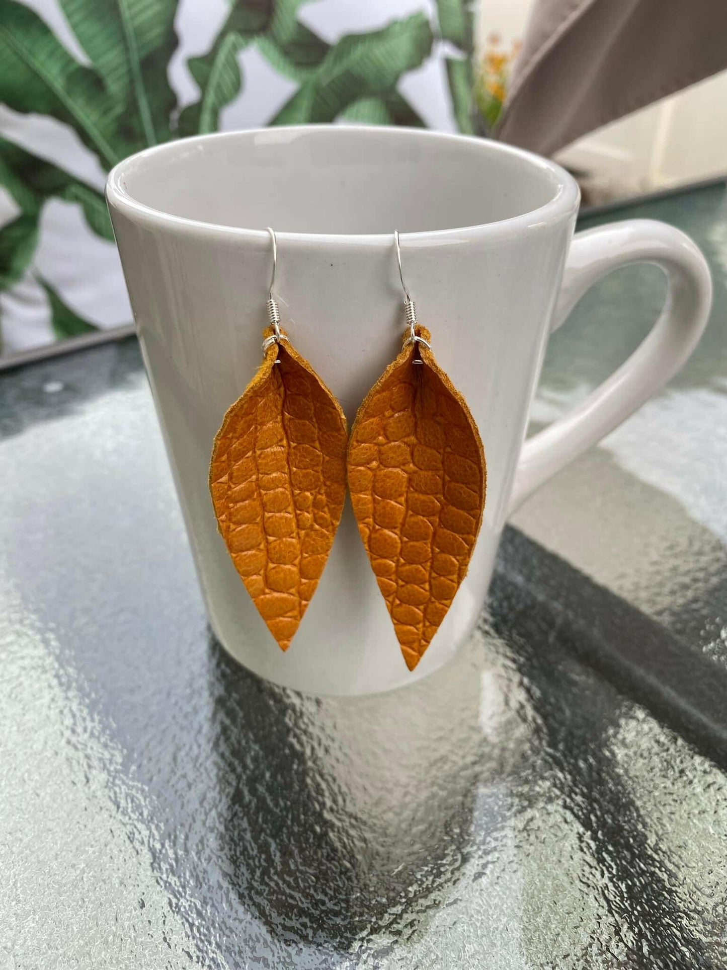 Fall Leather Leaf Earrings - Mustard.